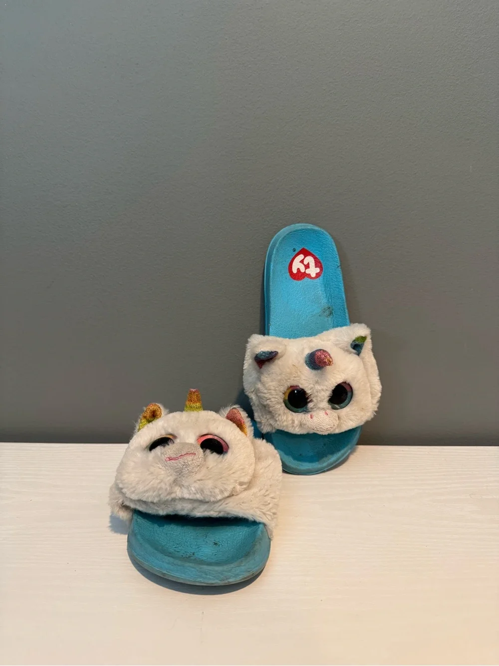 Ty Plush Unicorn Slide Sandals - Blue and White with Rainbow Horns